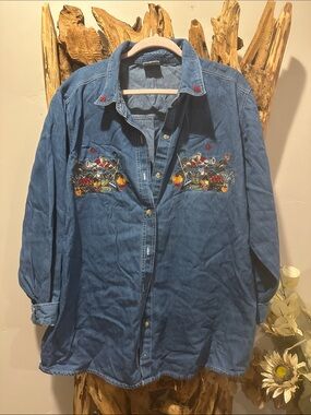 Bobbie Brooks Blue Denim Button-Front Shirt with Embroidered Chest